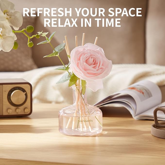Reed Diffusers Set Rose Scent, Reed Diffuser for 120 Days, Diffusers for Home Pink Bottle,Bathroom Diffuser with 7 Sticks