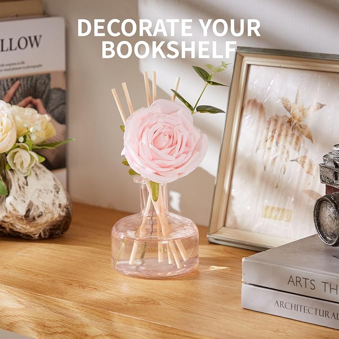 Reed Diffusers Set Rose Scent, Reed Diffuser for 120 Days, Diffusers for Home Pink Bottle,Bathroom Diffuser with 7 Sticks