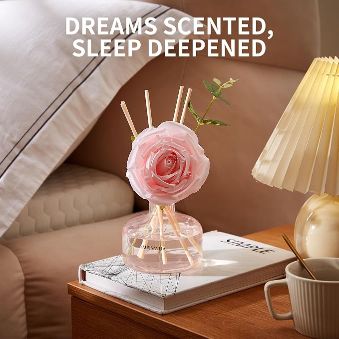 Reed Diffusers Set Rose Scent, Reed Diffuser for 120 Days, Diffusers for Home Pink Bottle,Bathroom Diffuser with 7 Sticks