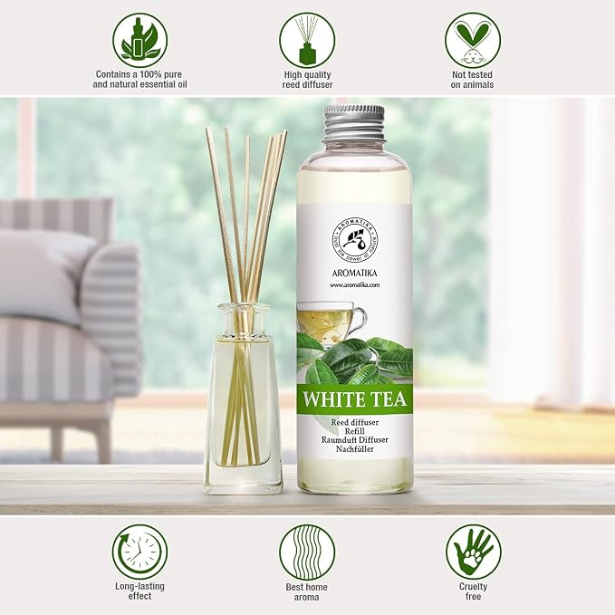 Refill Reed Diffuser White Tea 6.8 Fl Oz (200 ml) - with White Tea Essential Oil - Good Mood - Home Fragrance - Warm Scent