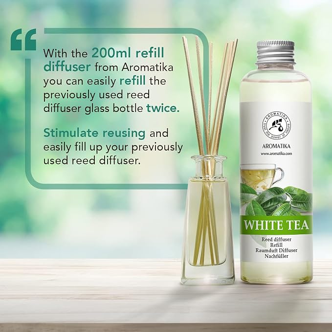 Refill Reed Diffuser White Tea 6.8 Fl Oz (200 ml) - with White Tea Essential Oil - Good Mood - Home Fragrance - Warm Scent