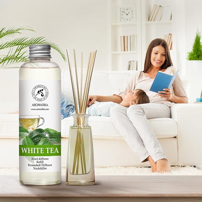 Refill Reed Diffuser White Tea 6.8 Fl Oz (200 ml) - with White Tea Essential Oil - Good Mood - Home Fragrance - Warm Scent