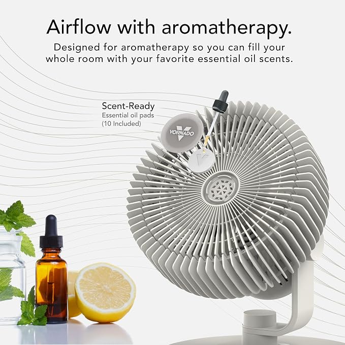 REFRESH 8 Table Fan with Aromatherapy Scent Pads, Swiveling Base, Easy to Clean, 3 Speed Settings, 45-Degree Tilt, Optimized