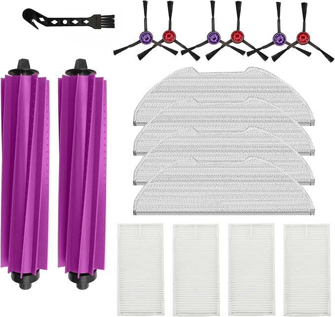 Replacement Accessories for Eureka E20 Plus Robot Vacuum,1Rubber Main Brush,4Mop Pads,2Filters,4Side Brush;2Rubber Main
