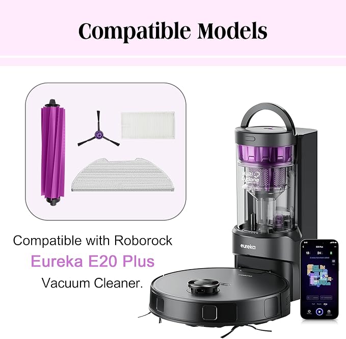 Replacement Accessories for Eureka E20 Plus Robot Vacuum,1Rubber Main Brush,4Mop Pads,2Filters,4Side Brush;2Rubber Main