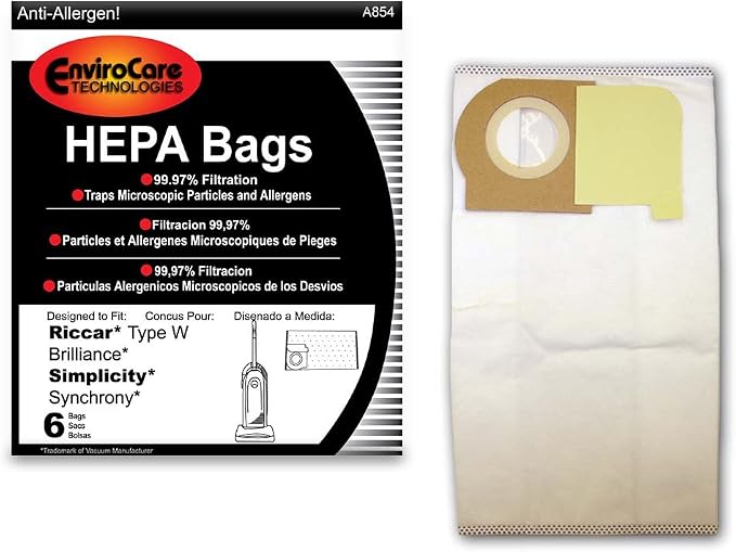 Replacement HEPA Filtration Vacuum Cleaner Dust Bags made to fit Type W Brilliance and Simplicity Synchrony Vacuum
