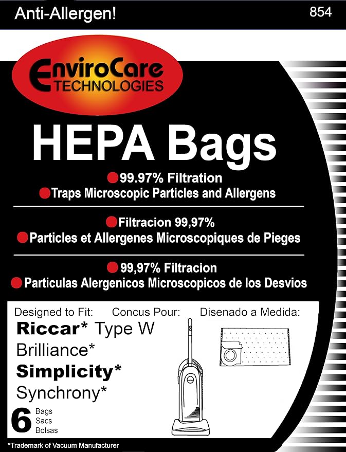 Replacement HEPA Filtration Vacuum Cleaner Dust Bags made to fit Type W Brilliance and Simplicity Synchrony Vacuum