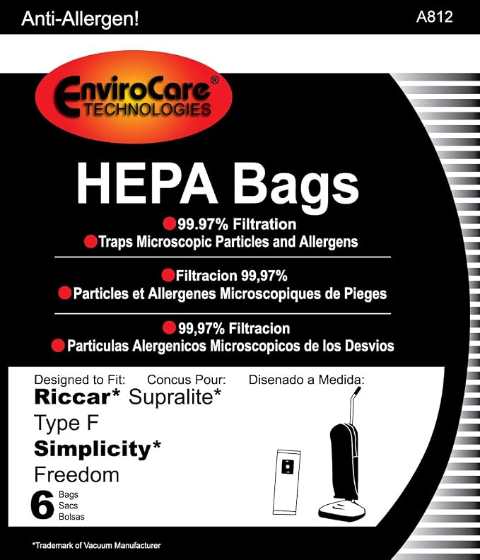 Replacement HEPA Filtration Vacuum Cleaner Dust Bags made to fit Supralite Type F and Simplicty Freedom Uprights