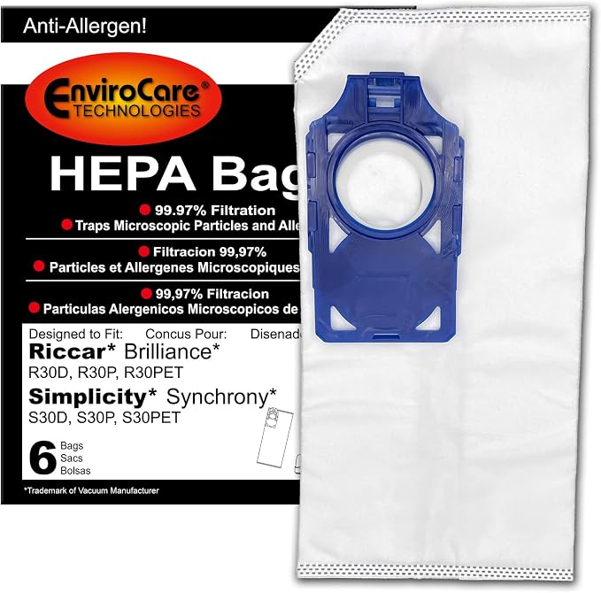 Replacement HEPA Vacuum Cleaner Bags Designed to Fit Brilliance and Simplicity Synchrony Uprights 6 pack, product