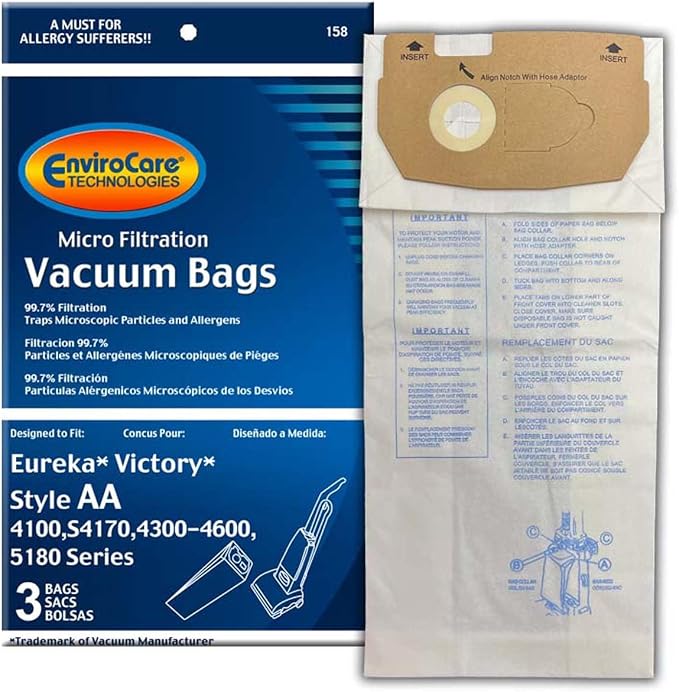Replacement Micro Filtration Vacuum Cleaner Dust Bags Designed to Fit Eureka Style AA Victory and True HEPA Uprights. 3 pack