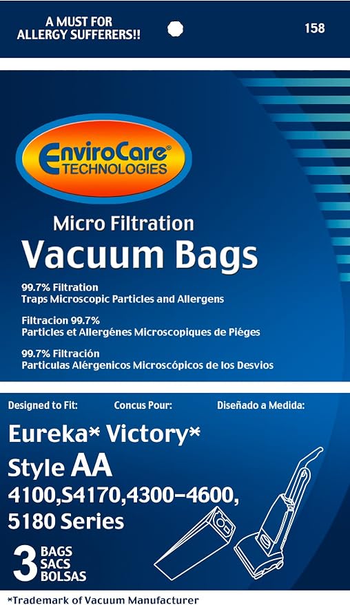 Replacement Micro Filtration Vacuum Cleaner Dust Bags Designed to Fit Eureka Style AA Victory and True HEPA Uprights. 3 pack