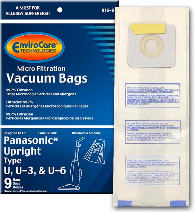 Replacement Micro Filtration Vacuum Cleaner Dust Bags Designed to fit Types U, U-3, U-6, 9 bags in