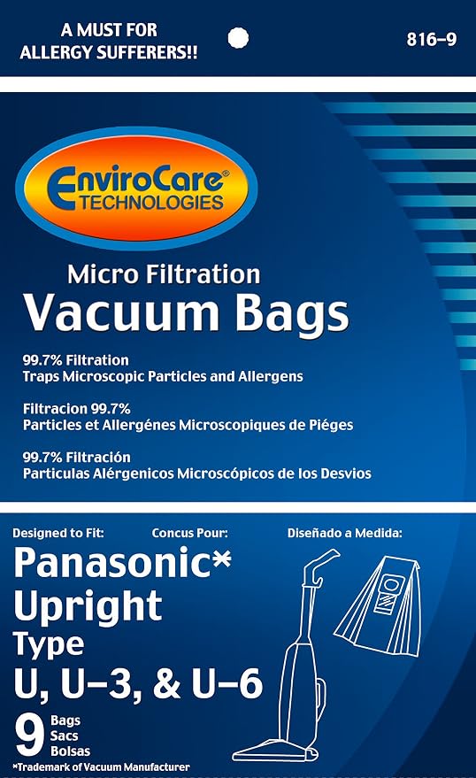 Replacement Micro Filtration Vacuum Cleaner Dust Bags Designed to fit Types U, U-3, U-6, 9 bags in, alternate view