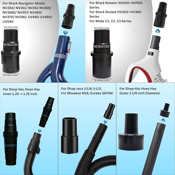 Replacement Vacuum Attachments & Brushes Plus Universal Adapter Kit Compatible with Shop Vacs Accessories 2-1/4" 1-7/8"