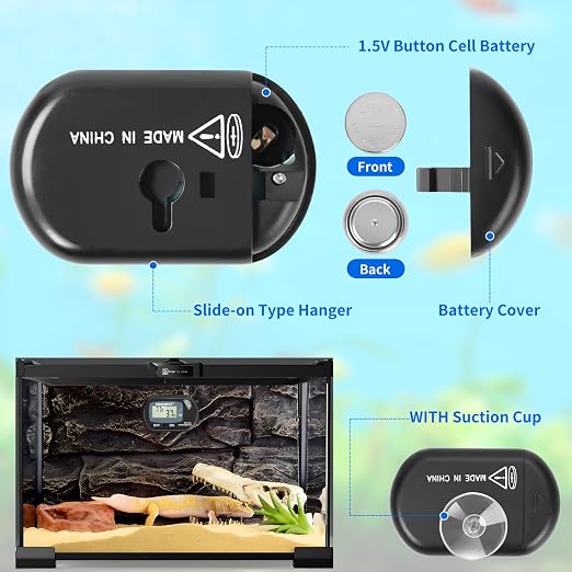 Reptile Thermometer Hygrometer Digital Display Temperature and Humidity Moniter for Reptiles Rearing Box with Suction Cup