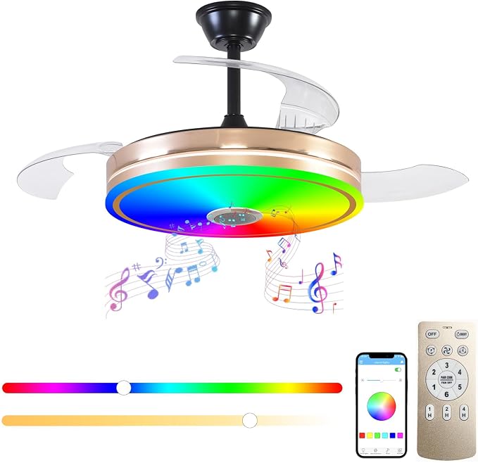 Retractable Ceiling Fan with Lights, 42 inch Ceiling Fan with Light and Remote, Low Profile Bladeless Fan for Bedroom Living