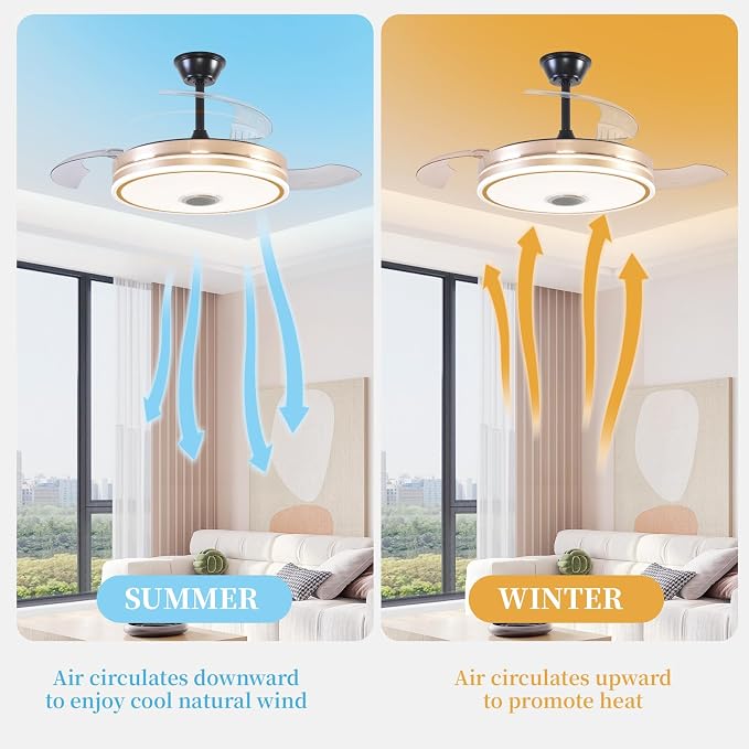 Retractable Ceiling Fan with Lights, 42 inch Ceiling Fan with Light and Remote, Low Profile Bladeless Fan for Bedroom Living