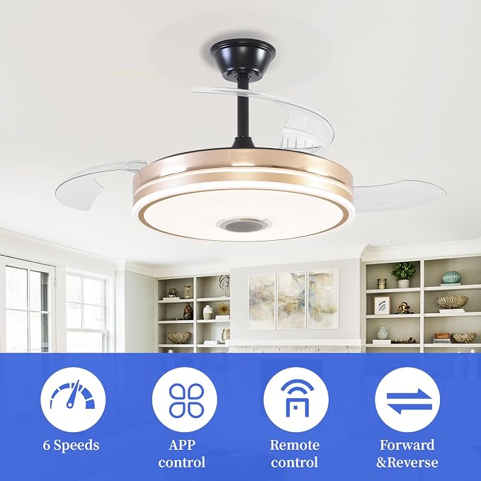 Retractable Ceiling Fan with Lights, 42 inch Ceiling Fan with Light and Remote, Low Profile Bladeless Fan for Bedroom Living