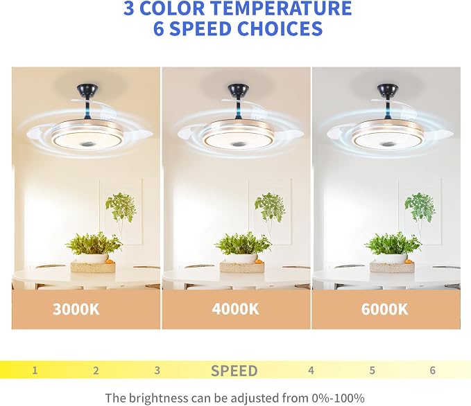 Retractable Ceiling Fan with Lights, 42 inch Ceiling Fan with Light and Remote, Low Profile Bladeless Fan for Bedroom Living