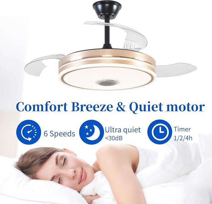 Retractable Ceiling Fan with Lights, 42 inch Ceiling Fan with Light and Remote, Low Profile Bladeless Fan for Bedroom Living