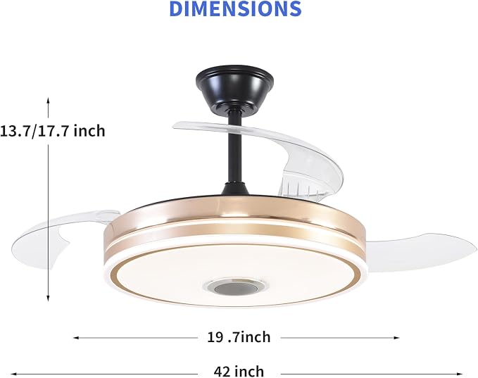 Retractable Ceiling Fan with Lights, 42 inch Ceiling Fan with Light and Remote, Low Profile Bladeless Fan for Bedroom Living