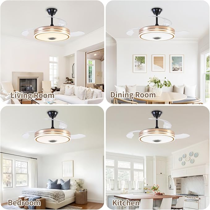 Retractable Ceiling Fan with Lights, 42 inch Ceiling Fan with Light and Remote, Low Profile Bladeless Fan for Bedroom Living