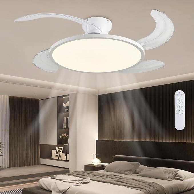 Retractable Ceiling Fan with Lights,42 Inch Low Profile Ceiling Fan with Remote Control,Retractable Blades,Dimmable Full