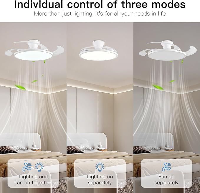 Retractable Ceiling Fan with Lights,42 Inch Low Profile Ceiling Fan with Remote Control,Retractable Blades,Dimmable Full