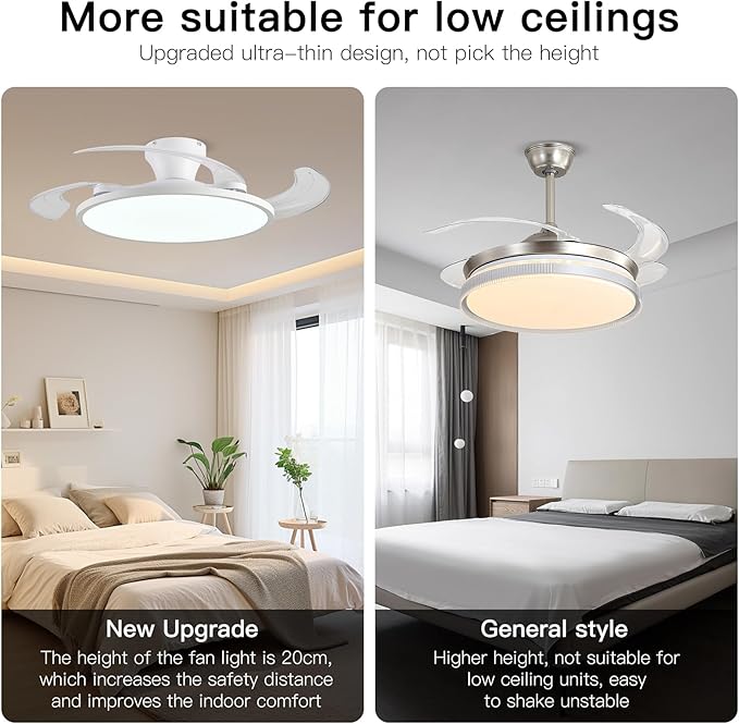 Retractable Ceiling Fan with Lights,42 Inch Low Profile Ceiling Fan with Remote Control,Retractable Blades,Dimmable Full