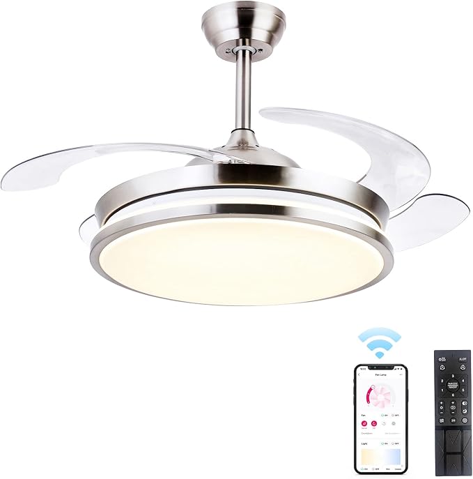 Retractable Ceiling Fans with Lights,42 Inch Modern Low Profile Bladeless LED Ceiling Fan Lights with Remote Control Smart