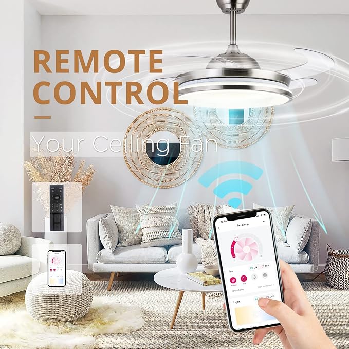 Retractable Ceiling Fans with Lights,42 Inch Modern Low Profile Bladeless LED Ceiling Fan Lights with Remote Control Smart