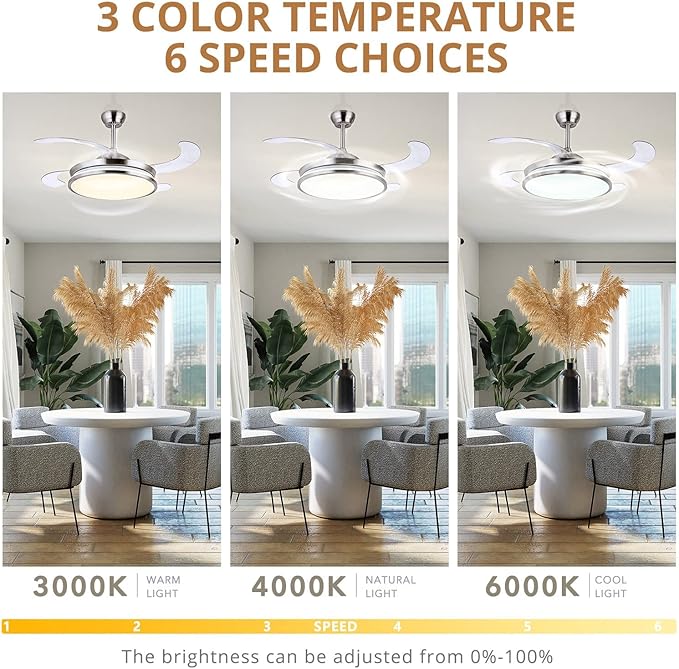 Retractable Ceiling Fans with Lights,42 Inch Modern Low Profile Bladeless LED Ceiling Fan Lights with Remote Control Smart