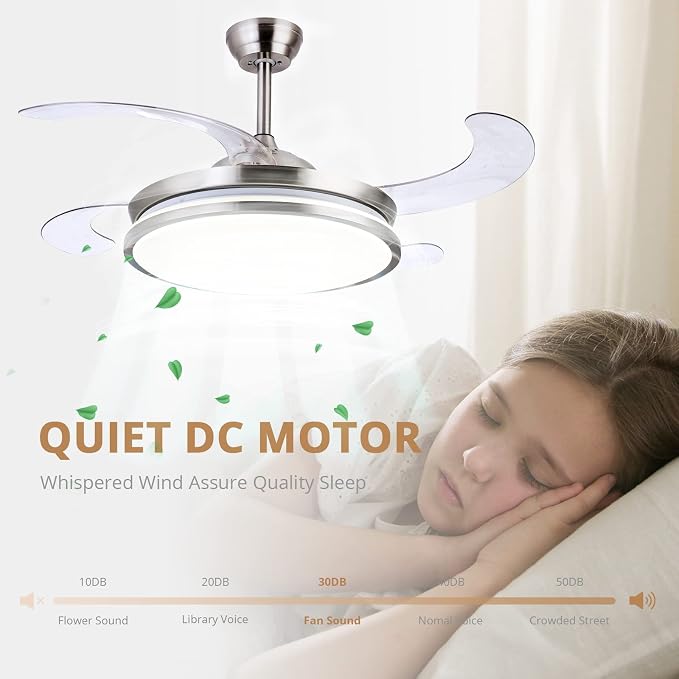 Retractable Ceiling Fans with Lights,42 Inch Modern Low Profile Bladeless LED Ceiling Fan Lights with Remote Control Smart