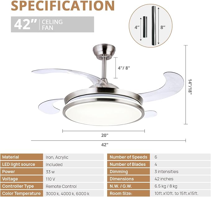 Retractable Ceiling Fans with Lights,42 Inch Modern Low Profile Bladeless LED Ceiling Fan Lights with Remote Control Smart