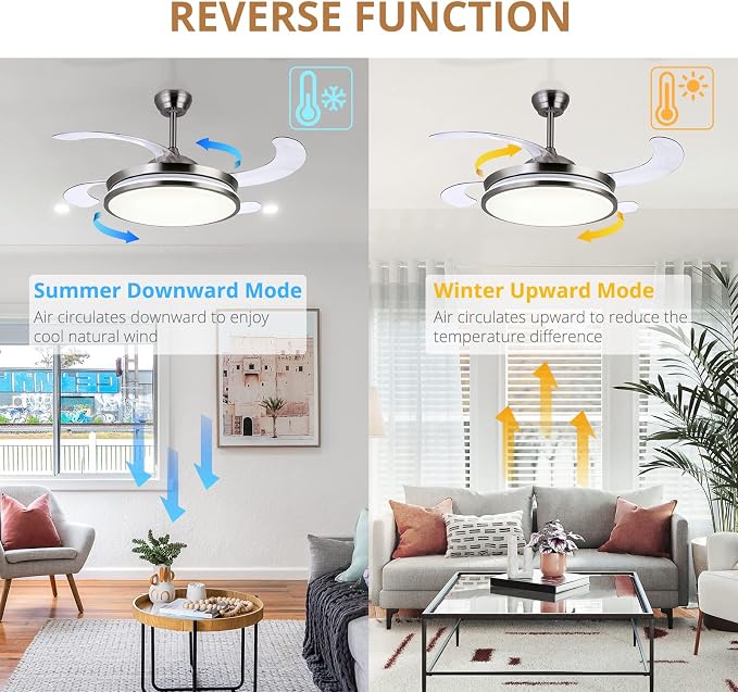 Retractable Ceiling Fans with Lights,42 Inch Modern Low Profile Bladeless LED Ceiling Fan Lights with Remote Control Smart