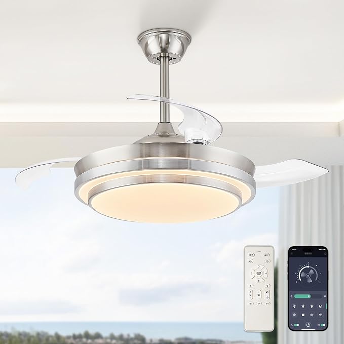 Retractable Ceiling Fans with Lights and Remote, 42 Inch Fandelier Ceiling Fans with LED Lighting, Smart Modern Ceiling Fan