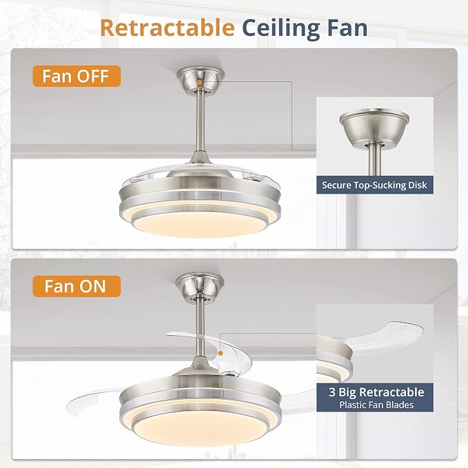 Retractable Ceiling Fans with Lights and Remote, 42 Inch Fandelier Ceiling Fans with LED Lighting, Smart Modern Ceiling Fan