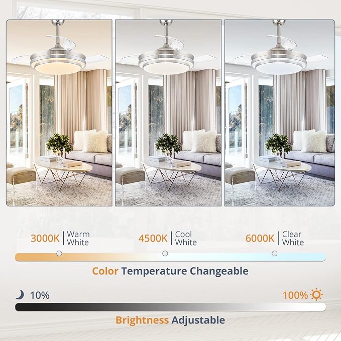 Retractable Ceiling Fans with Lights and Remote, 42 Inch Fandelier Ceiling Fans with LED Lighting, Smart Modern Ceiling Fan