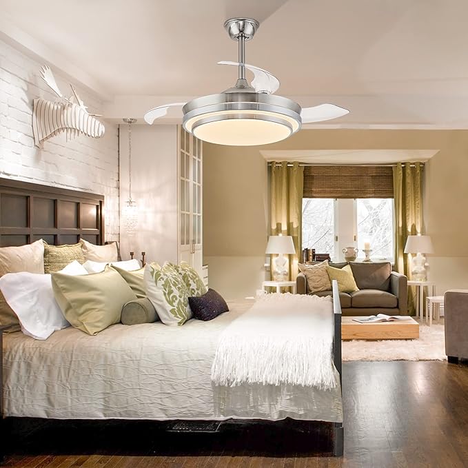 Retractable Ceiling Fans with Lights and Remote, 42 Inch Fandelier Ceiling Fans with LED Lighting, Smart Modern Ceiling Fan