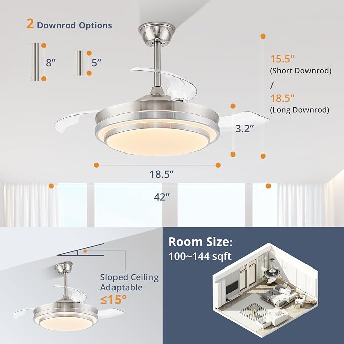 Retractable Ceiling Fans with Lights and Remote, 42 Inch Fandelier Ceiling Fans with LED Lighting, Smart Modern Ceiling Fan