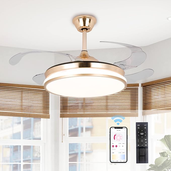 Retractable Gold Ceiling Fan with Lights, 42 inch Modern Low Profile Bladeless LED Ceiling Fan for Bedroom Living Room