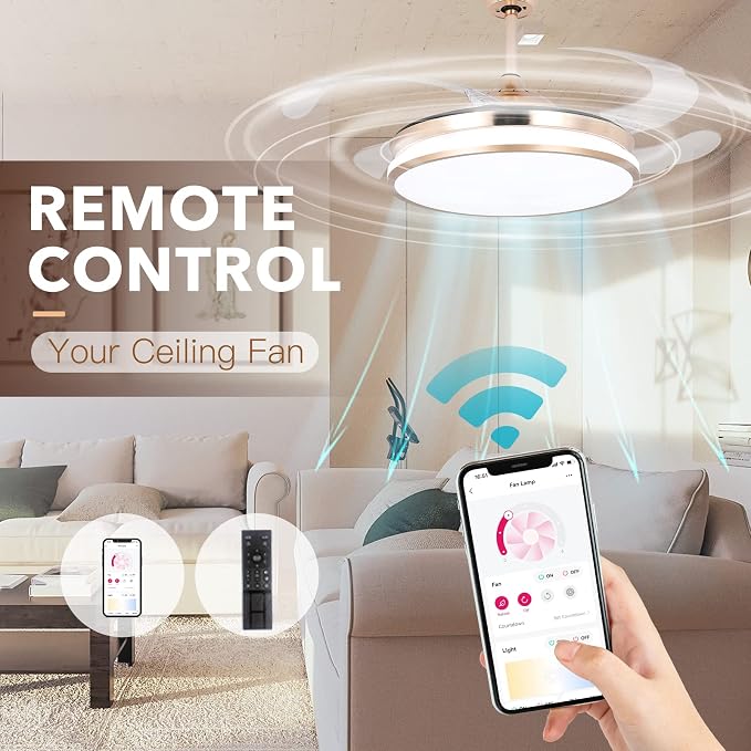 Retractable Gold Ceiling Fan with Lights, 42 inch Modern Low Profile Bladeless LED Ceiling Fan for Bedroom Living Room