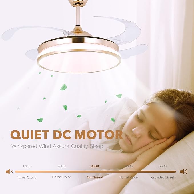 Retractable Gold Ceiling Fan with Lights, 42 inch Modern Low Profile Bladeless LED Ceiling Fan for Bedroom Living Room