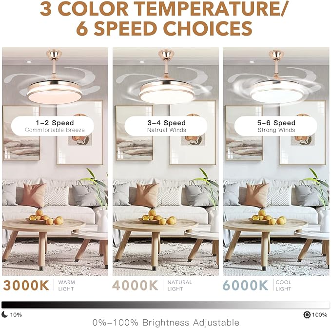 Retractable Gold Ceiling Fan with Lights, 42 inch Modern Low Profile Bladeless LED Ceiling Fan for Bedroom Living Room