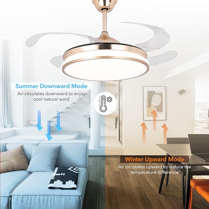 Retractable Gold Ceiling Fan with Lights, 42 inch Modern Low Profile Bladeless LED Ceiling Fan for Bedroom Living Room