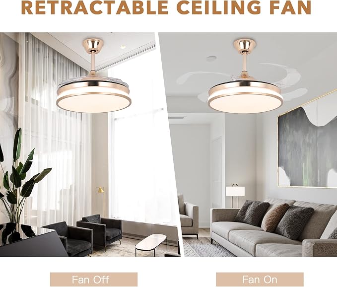 Retractable Gold Ceiling Fan with Lights, 42 inch Modern Low Profile Bladeless LED Ceiling Fan for Bedroom Living Room