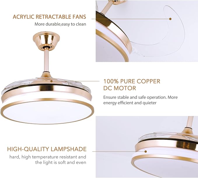 Retractable Gold Ceiling Fan with Lights, 42 inch Modern Low Profile Bladeless LED Ceiling Fan for Bedroom Living Room