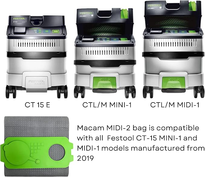 Reusable dust Bag compatible with Midi, CT 15 E and CT 25 HEPA dust extractors (MIDI ) plastic Green