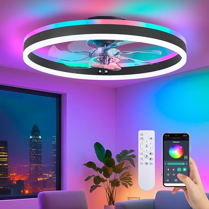 RGB Ceiling Fan with Light, 20'' Low Profile Ceiling Fans, Black Flush Mount LED Fan Light with Remote Control, Modern