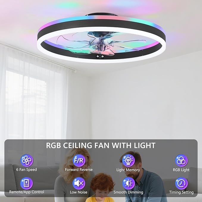 RGB Ceiling Fan with Light, 20'' Low Profile Ceiling Fans, Black Flush Mount LED Fan Light with Remote Control, Modern